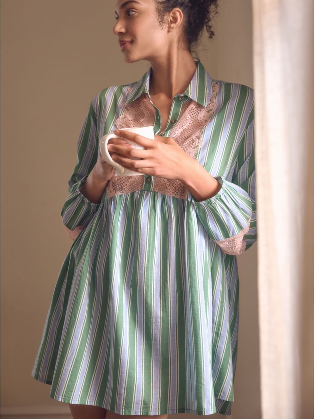 Anthropologie Green and White Striped Lace-Trim Babydoll Dress